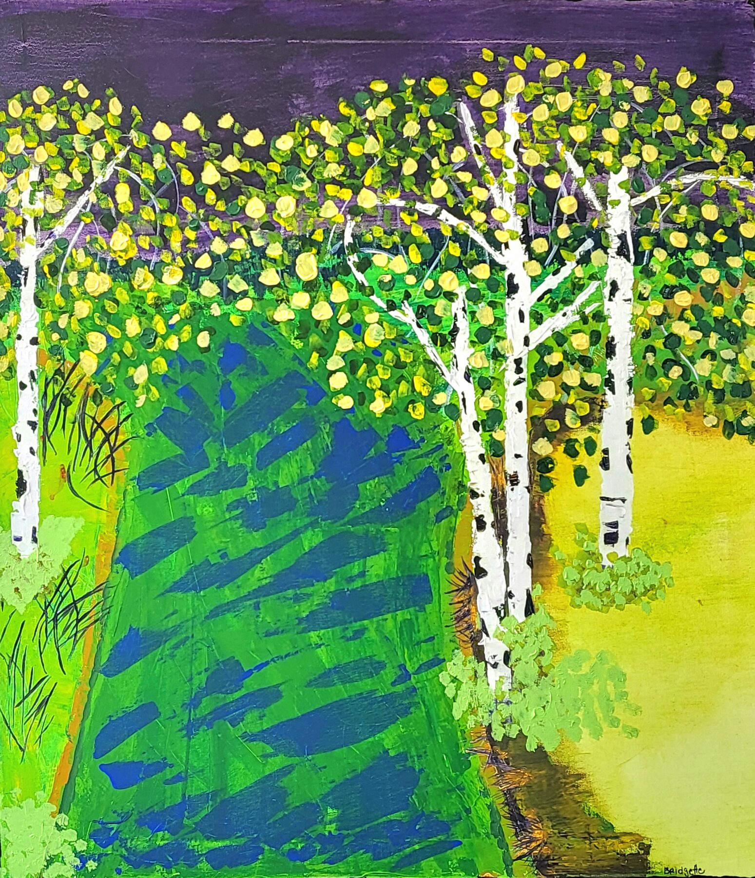 Birches with yellow leaves over green ground with long blue shadows against a purple sky