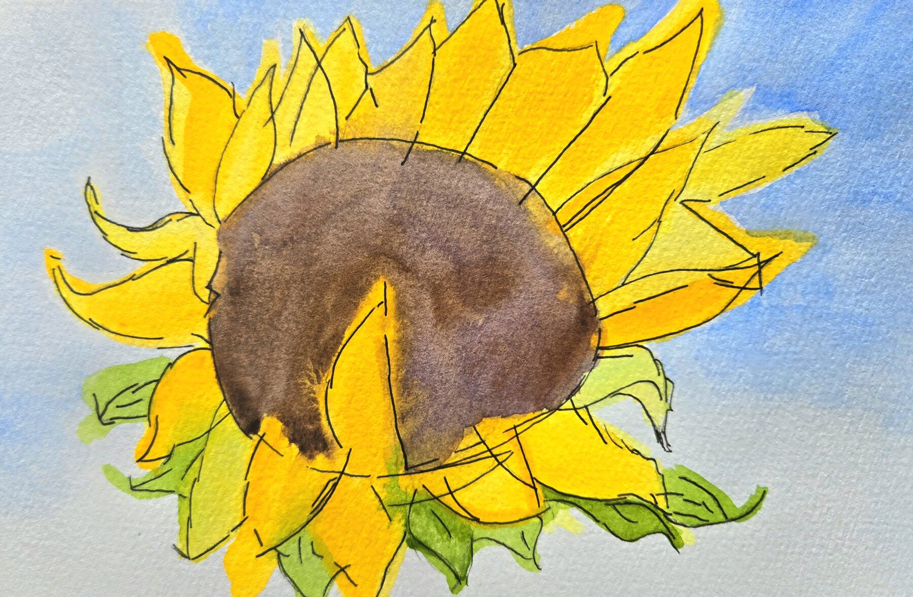 Watercolor sunflower with a dark centre and black ink outlines against pale blue