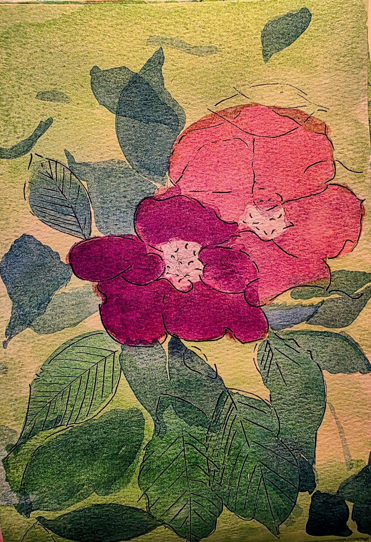 Watercolor of a pink and magenta bloom over layered green leaves with ink veining, on a warm yellow-green ground