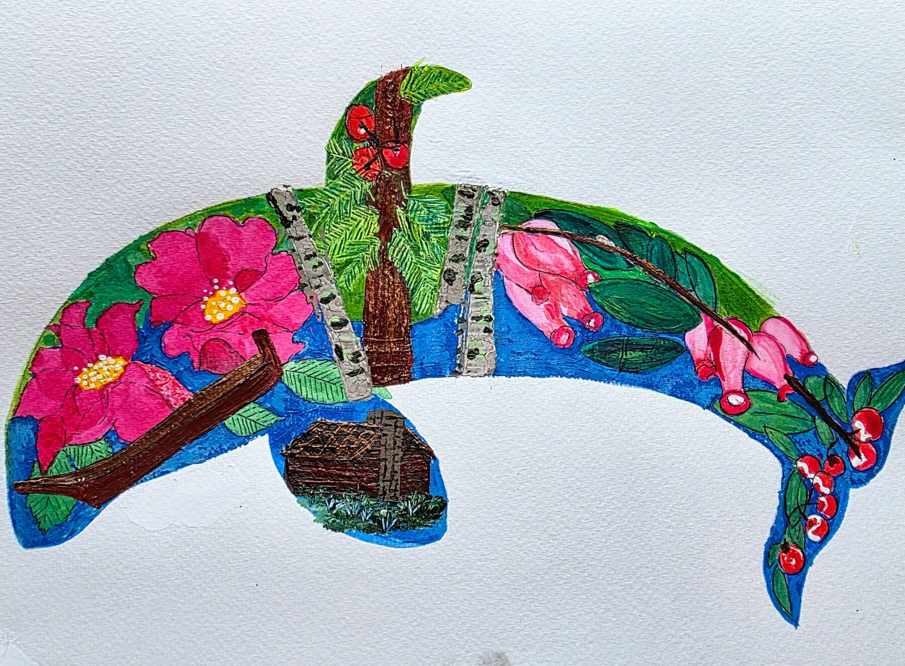 Finished colour mock-up of the orca. A green bluff runs along the back over blue water along the belly, with wild roses at the head, a canoe below them, a log cabin in the pectoral fin, a redcedar climbing the dorsal fin, pale alder trunks across the midbody, kinnikinnick in flower along the rear flank and red kinnikinnick berries on the flukes